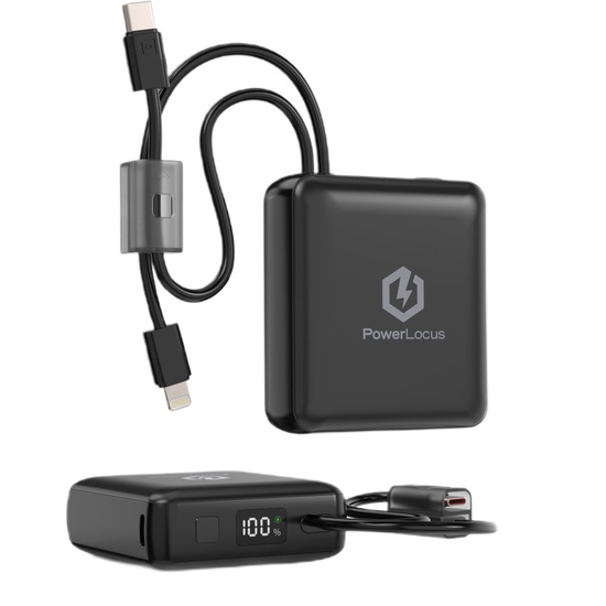 PowerLocus External battery 10000mAh, 20W PD Fast Charging, built-in Type-C and Lightning cables, Black