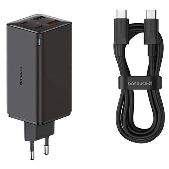 Baseus Network Charger Set 100W, GaN6 Pro 2x USB, 2x Type-C, 100W, Fast Charger, cable Type-C to Type-C, 100W, 20V, 5A, 1m Black