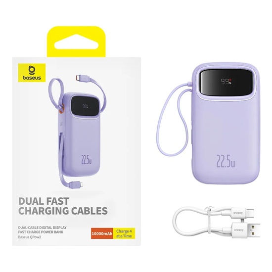 Baseus External battery QPow Pro+ 10000mAh, 22.5W, Lightning, 2xType-C, USB, USB-C cable 30 cm, Purple