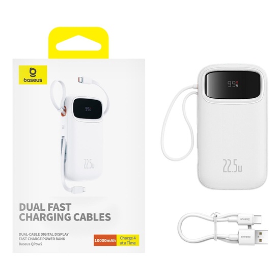 Baseus External battery QPow Pro+ 10000mAh, 22.5W, Lightning, 2xType-C, USB, USB-C cable 30 cm, White