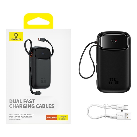 Baseus External battery QPow Pro+ 10000mAh, 22.5W, Lightning, 2xType-C, USB, USB-C cable 30 cm, Black