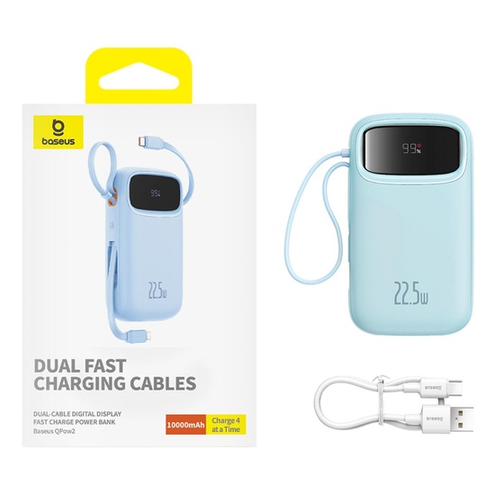 Baseus External battery QPow Pro+ 10000mAh, 22.5W, Lightning, 2xType-C, USB, USB-C cable 30 cm, Blue