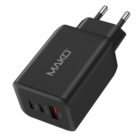 Mako Quick Charge Network Charger 65W GaN2, 2x Type-C, 1x USB-A, EU, Black