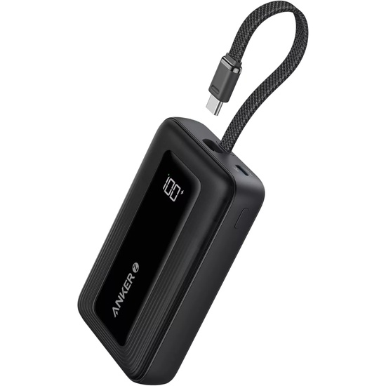 Anker Externer Akku Zolo 10.000 mAh, 30W, 1x USB-C, 1x USB-A, integriertes USB-C-Kabel, Schwarz