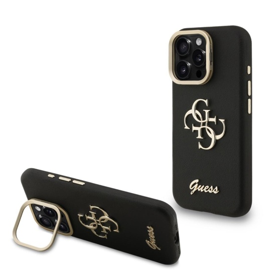 Custodia Guess con logo 4G e cornice per fotocamera per iPhone 15 Pro Max, nera