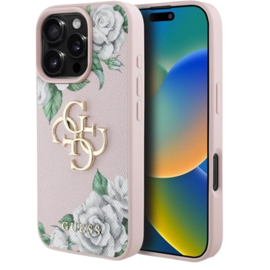 Custodia Guess Grained Roses 4G con logo in metallo per iPhone 16 Pro Rosa