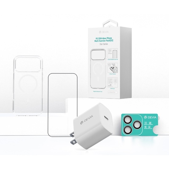 Devia Set 4 in 1 iPhone 17 Pro GaN PD 30W Netzwerkladegerät + Magsafe Silikonhülle + Military-Grade Glasfolie mit Applikator + Kamera Glasfolie