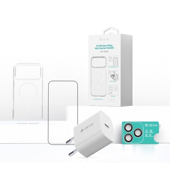 Devia Set 4 en 1 Chargeur réseau iPhone 17 Pro Max GaN PD 30W + Coque silicone Magsafe + Film de verre de qualité militaire avec applicateur + Film de verre pour appareil photo