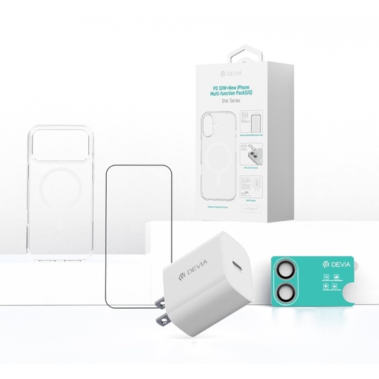 Devia Set 4 in 1 iPhone 17 GaN PD 30W Netzwerkladegerät + Magsafe Silikonhülle + Militär-Grade Glasfolie mit Applikator + Kamera Glasfolie
