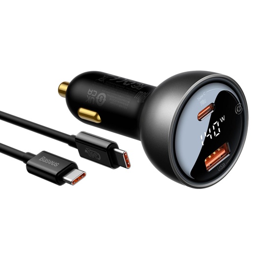 Baseus Autoladegerät-Set Digitalanzeige 140W Schnellladegerät PD, QC3.0, 1x USB, 1xTyp-C, Kabel inklusive Typ-C, 1m Schwarz