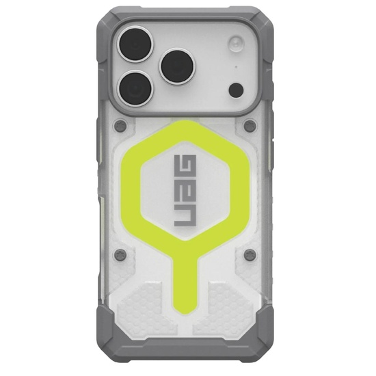 Funda UAG Pathfinder transparente MagSafe para iPhone 17 Pro con brillo neón activo