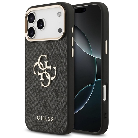 Guess Husa PU Leather 4G Metal Logo Gold Frame iPhone 17 Pro Max Negru