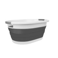 Cesto per la biancheria, 2 manici, pieghevole, silicone, grigio e bianco, 25 L, 53,5x38x6/15/24 cm