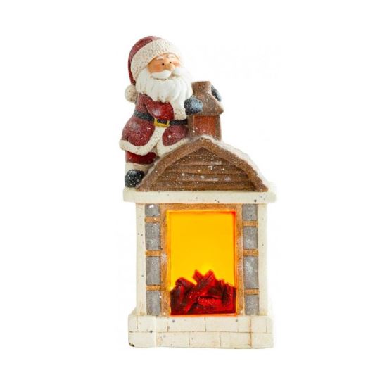 Decorazione natalizia, ceramica, Babbo Natale con caminetto, LED, 3xAA, 27,5x19x51 cm