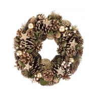 Decorazione natalizia, corona con coni e globi, oro, 34 cm