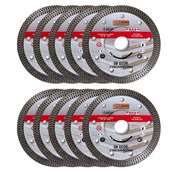 Disco diamantato turbo sottile, piastre in ceramica, taglio a secco e a umido, set da 10 pezzi, 115 mm/22,23 mm, Richmann Exclusive