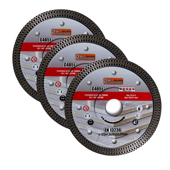 Disco diamantato turbo sottile, ceramica, taglio a umido e a secco, set da 3, 125 mm/22,23 mm, Esclusiva Richmann