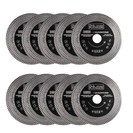 Disco diamantato turbo sottile, doppio segmento, piastre in ceramica, taglio a umido e a secco, set da 10 pezzi, 125x22,23x1,3 mm, Richmann Exclusive