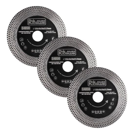 Disco diamantato turbo sottile, doppio segmento, piastre in ceramica, taglio a umido e a secco, set da 3, 125x22,23x1,3 mm, Richmann Exclusive