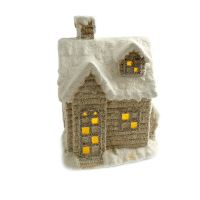 Decorazione invernale, ceramica, casa con finestre illuminate, bianco e beige, LED, 3xAAA, 25x18x36 cm