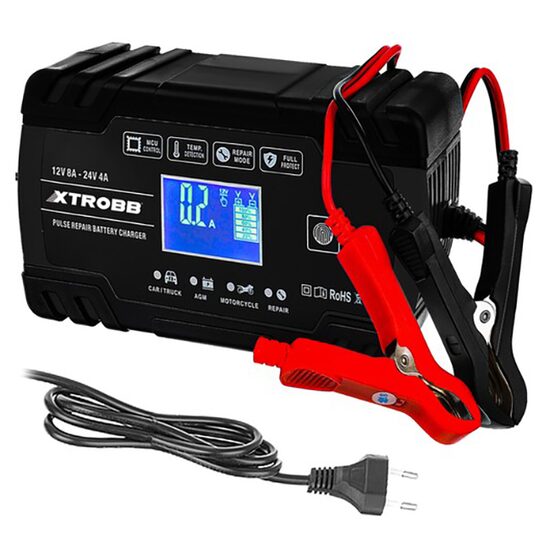 Auto-acculader, 12V/8A, 24V/4A, 100-240 V, LCD-display, Xtrobb
