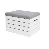  Cassapanca in legno, modello Vintage, bianco con cuscino grigio, 50x40x35 cm