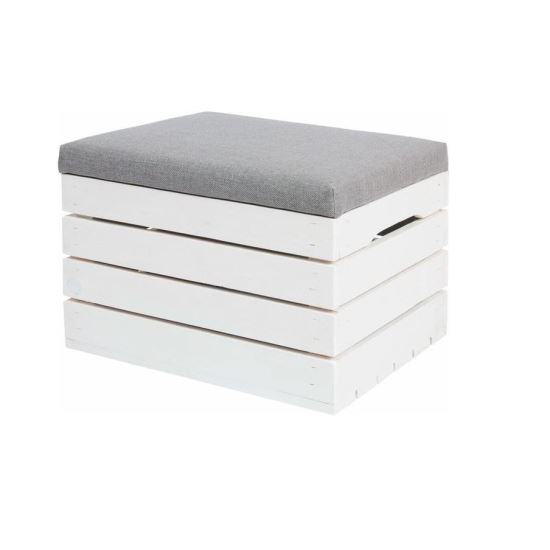  Cassapanca in legno, modello Vintage, bianco con cuscino grigio, 50x40x35 cm