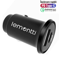 Lemontti Autoladegerät Schnellladung 30 W 5 A 2 Anschlüsse PD Typ C + USB-A QC 3.0, Schwarz