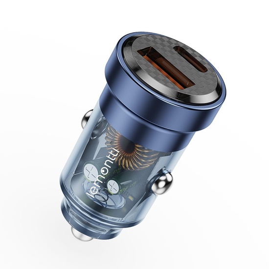 Lemontti Schnelllade-Autoladegerät 45 W 2 Anschlüsse PD Typ C 45 W + USB-A QC 3.0 Transparent / Blau